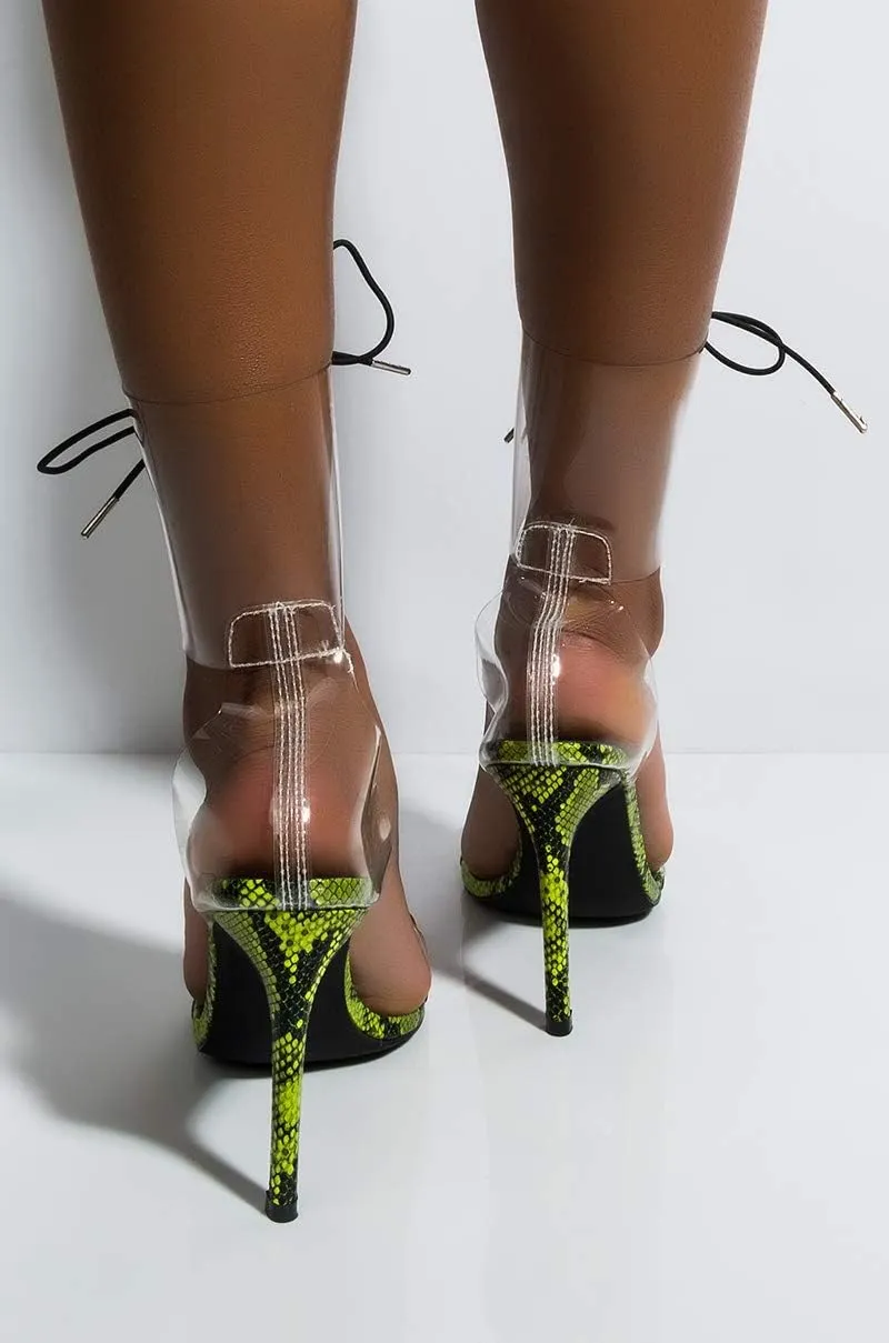 Cape Robbin Passion Yellow Neon Transparent Clear Lace Up High Heel Pump Sandals