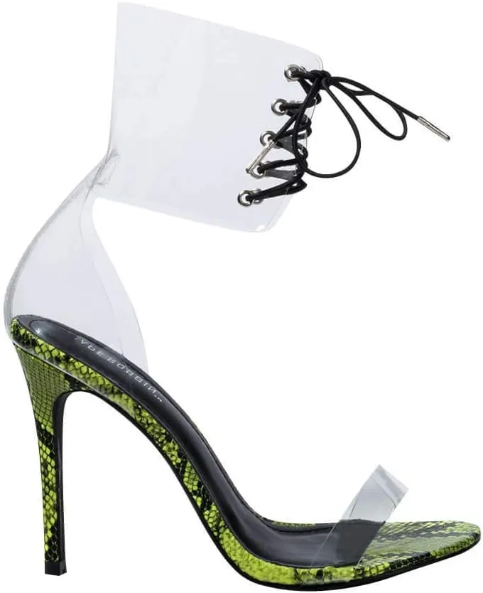 Cape Robbin Passion Yellow Neon Transparent Clear Lace Up High Heel Pump Sandals