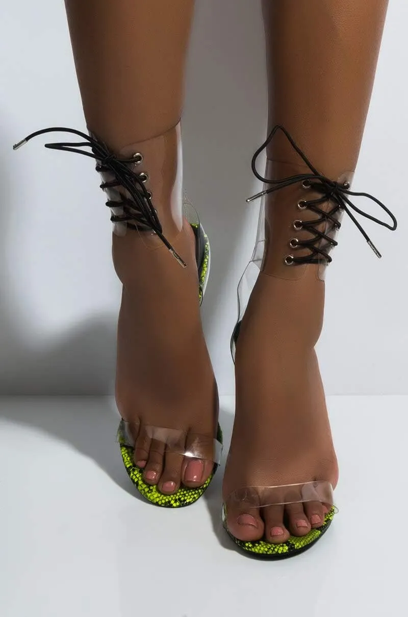 Cape Robbin Passion Yellow Neon Transparent Clear Lace Up High Heel Pump Sandals