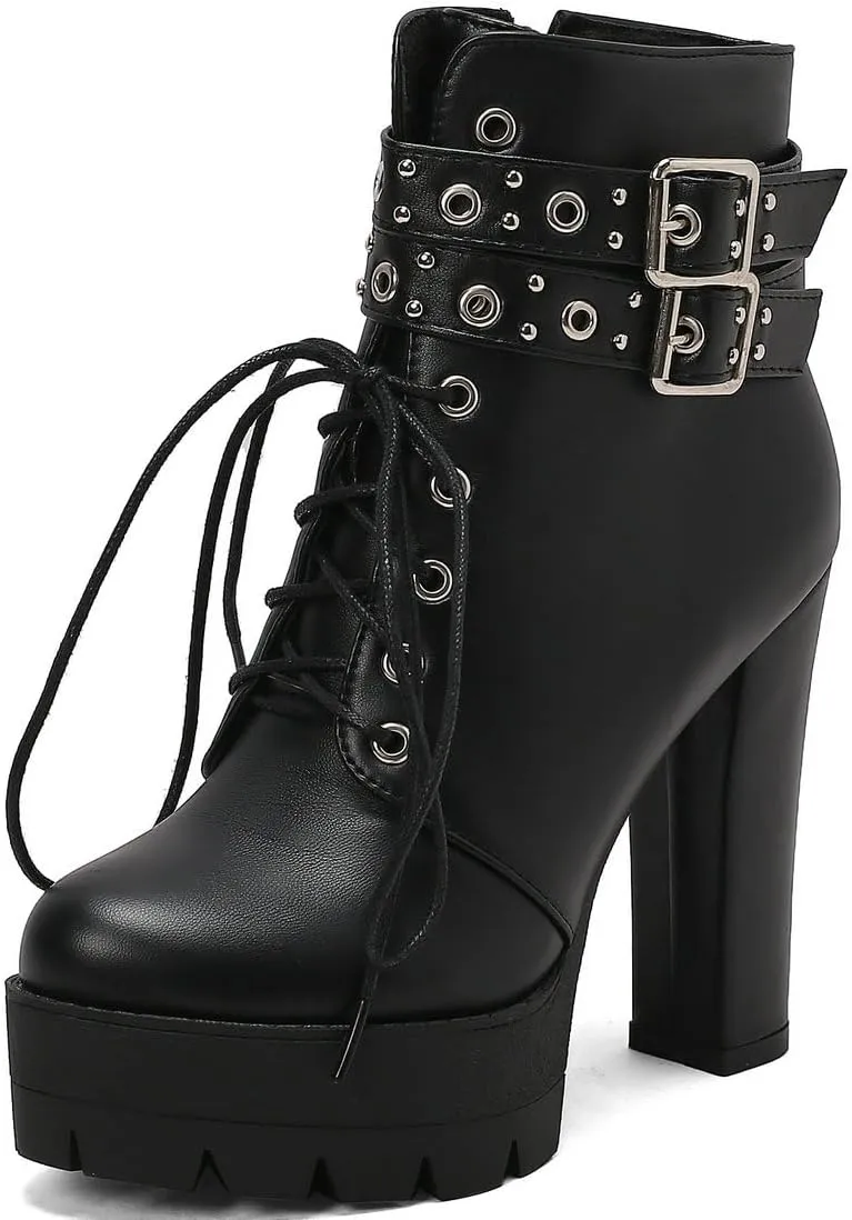 Caradise Womens Lace Up Mid Calf Goth Chunky Heel Combat Boots with Buckles