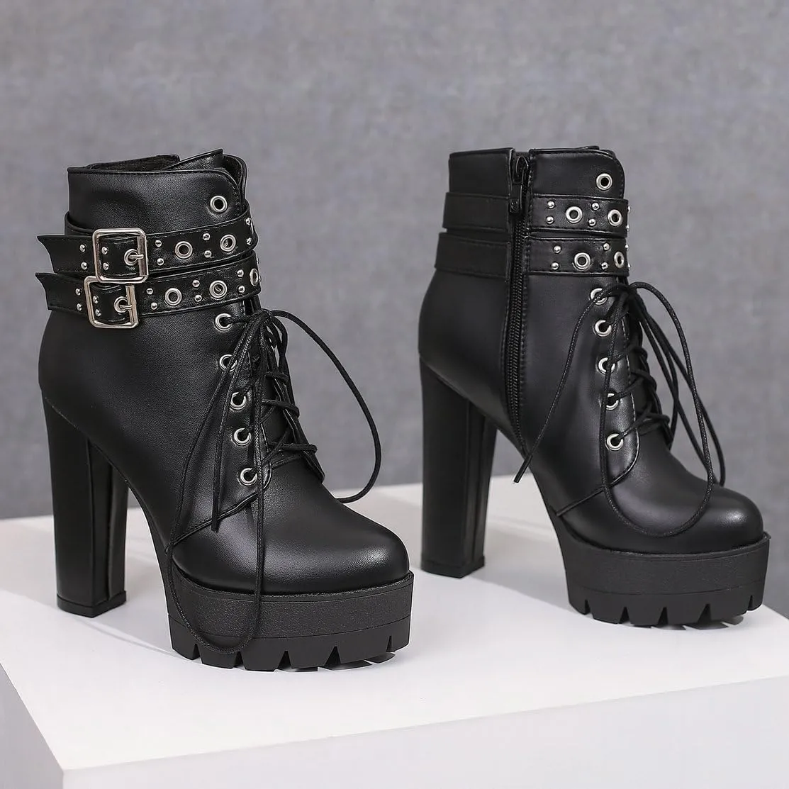Caradise Womens Lace Up Mid Calf Goth Chunky Heel Combat Boots with Buckles