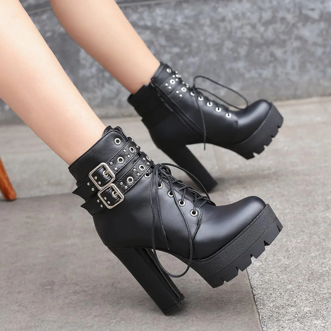 Caradise Womens Lace Up Mid Calf Goth Chunky Heel Combat Boots with Buckles