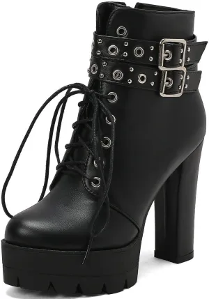 Caradise Womens Lace Up Mid Calf Goth Chunky Heel Combat Boots with Buckles