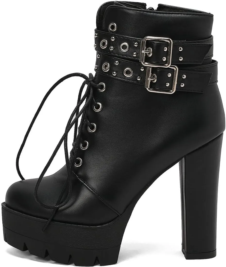 Caradise Womens Lace Up Mid Calf Goth Chunky Heel Combat Boots with Buckles