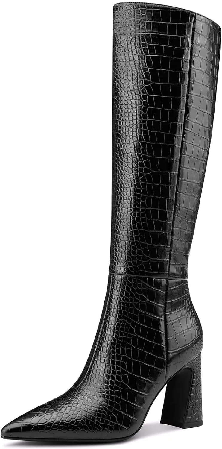 Castamere Women's Knee High Riding Boots - Faux Crocodile, Chunky Block Heel, Pointed Toe, 3.3 Inches