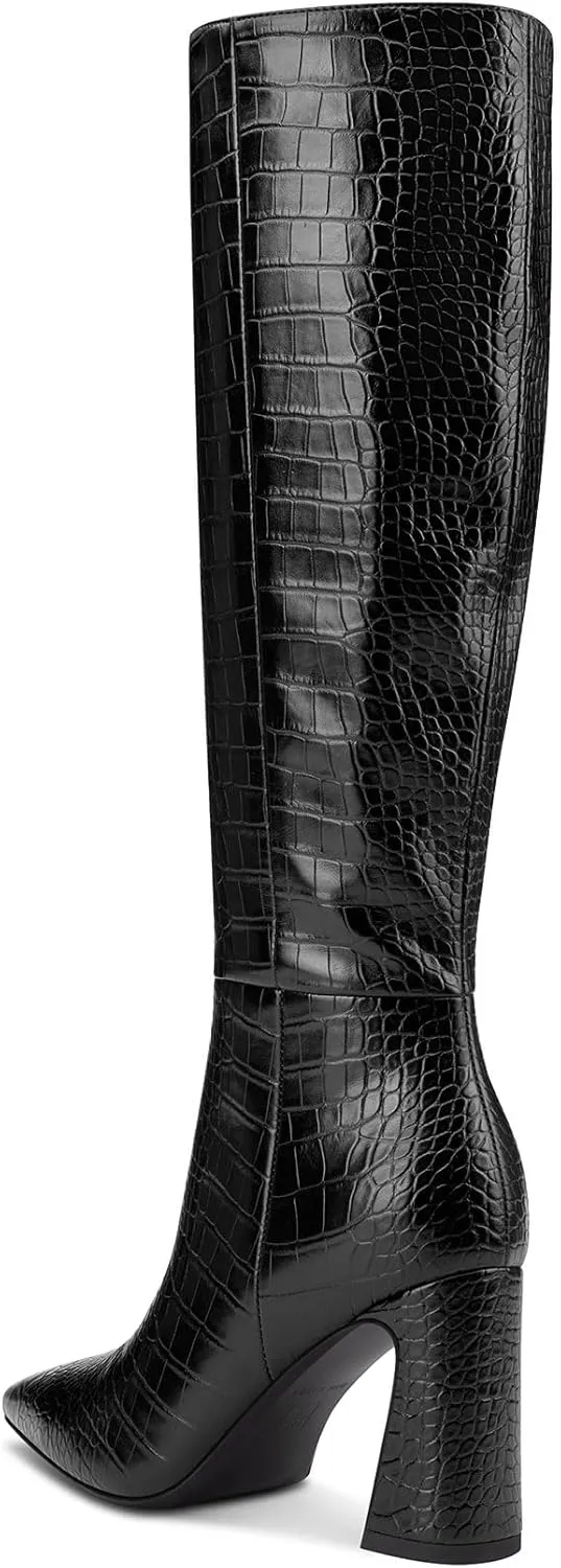 Castamere Women's Knee High Riding Boots - Faux Crocodile, Chunky Block Heel, Pointed Toe, 3.3 Inches