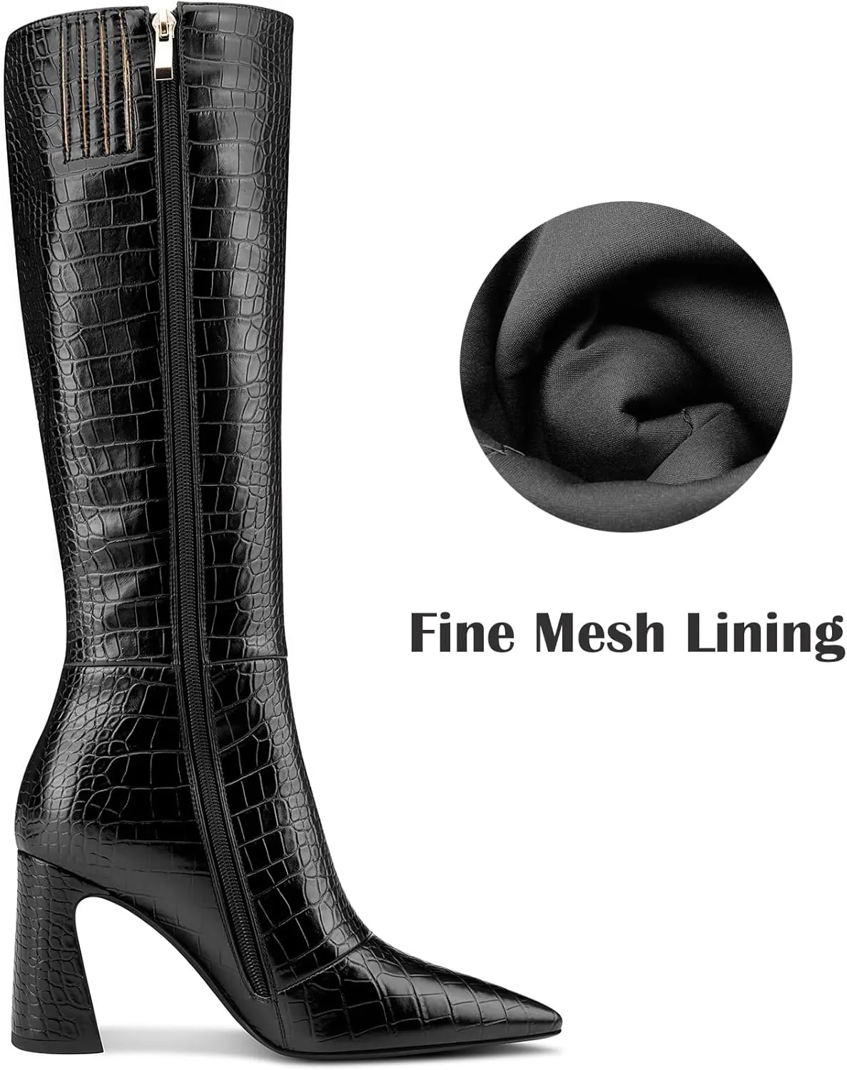 Castamere Women's Knee High Riding Boots - Faux Crocodile, Chunky Block Heel, Pointed Toe, 3.3 Inches