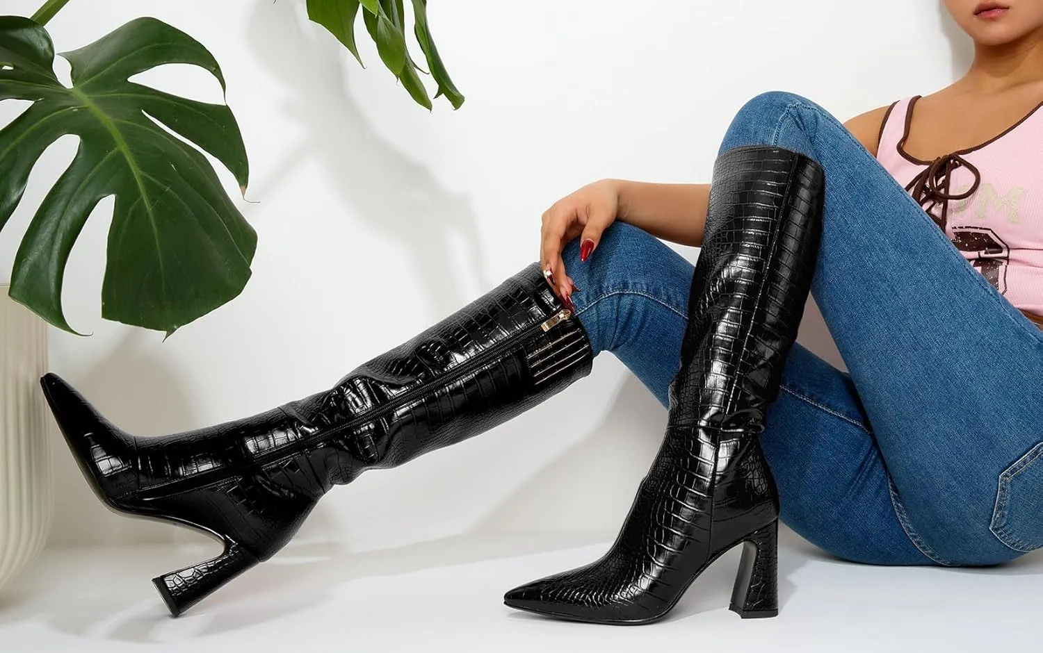 Castamere Women's Knee High Riding Boots - Faux Crocodile, Chunky Block Heel, Pointed Toe, 3.3 Inches