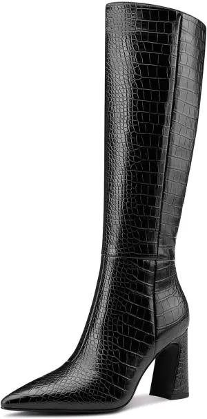 Castamere Women's Knee High Riding Boots - Faux Crocodile, Chunky Block Heel, Pointed Toe, 3.3 Inches