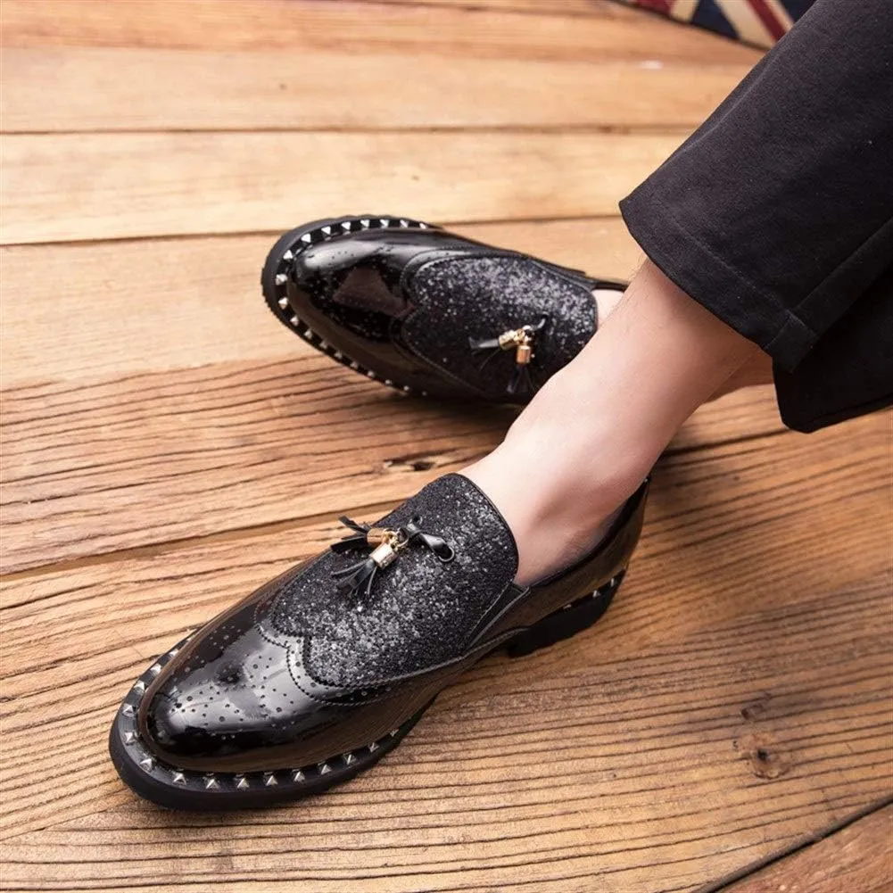 Casual Driving Loafer Compatible with Men Brogue Slip On PU Leather Round Toe Elastic Lightweight Sequins Joint Split Rivets Tassel (Color : Black Size : 39 EU) (Black 38 M EU)