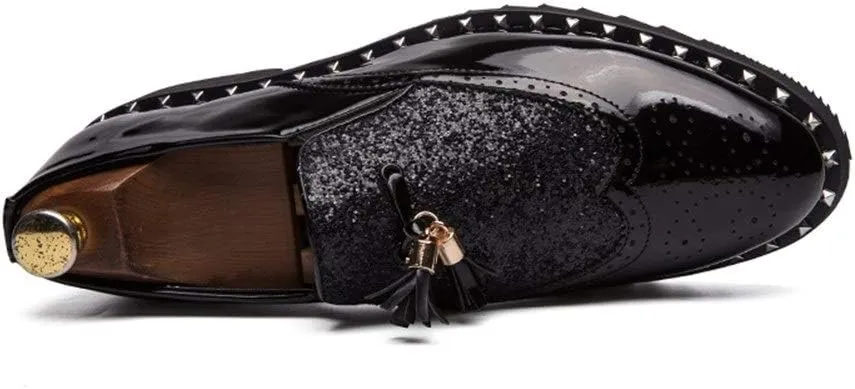 Casual Driving Loafer Compatible with Men Brogue Slip On PU Leather Round Toe Elastic Lightweight Sequins Joint Split Rivets Tassel (Color : Black Size : 39 EU) (Black 38 M EU)