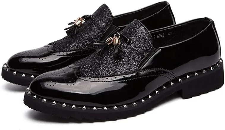 Casual Driving Loafer Compatible with Men Brogue Slip On PU Leather Round Toe Elastic Lightweight Sequins Joint Split Rivets Tassel (Color : Black Size : 39 EU) (Black 38 M EU)