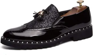 Casual Driving Loafer Compatible with Men Brogue Slip On PU Leather Round Toe Elastic Lightweight Sequins Joint Split Rivets Tassel (Color : Black Size : 39 EU) (Black 38 M EU)