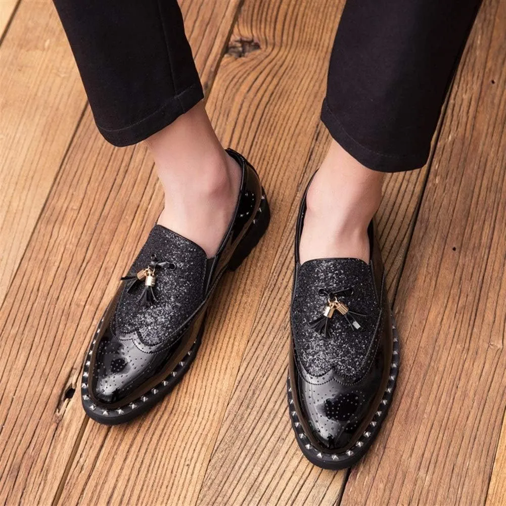 Casual Driving Loafer Compatible with Men Brogue Slip On PU Leather Round Toe Elastic Lightweight Sequins Joint Split Rivets Tassel (Color : Black Size : 39 EU) (Black 38 M EU)