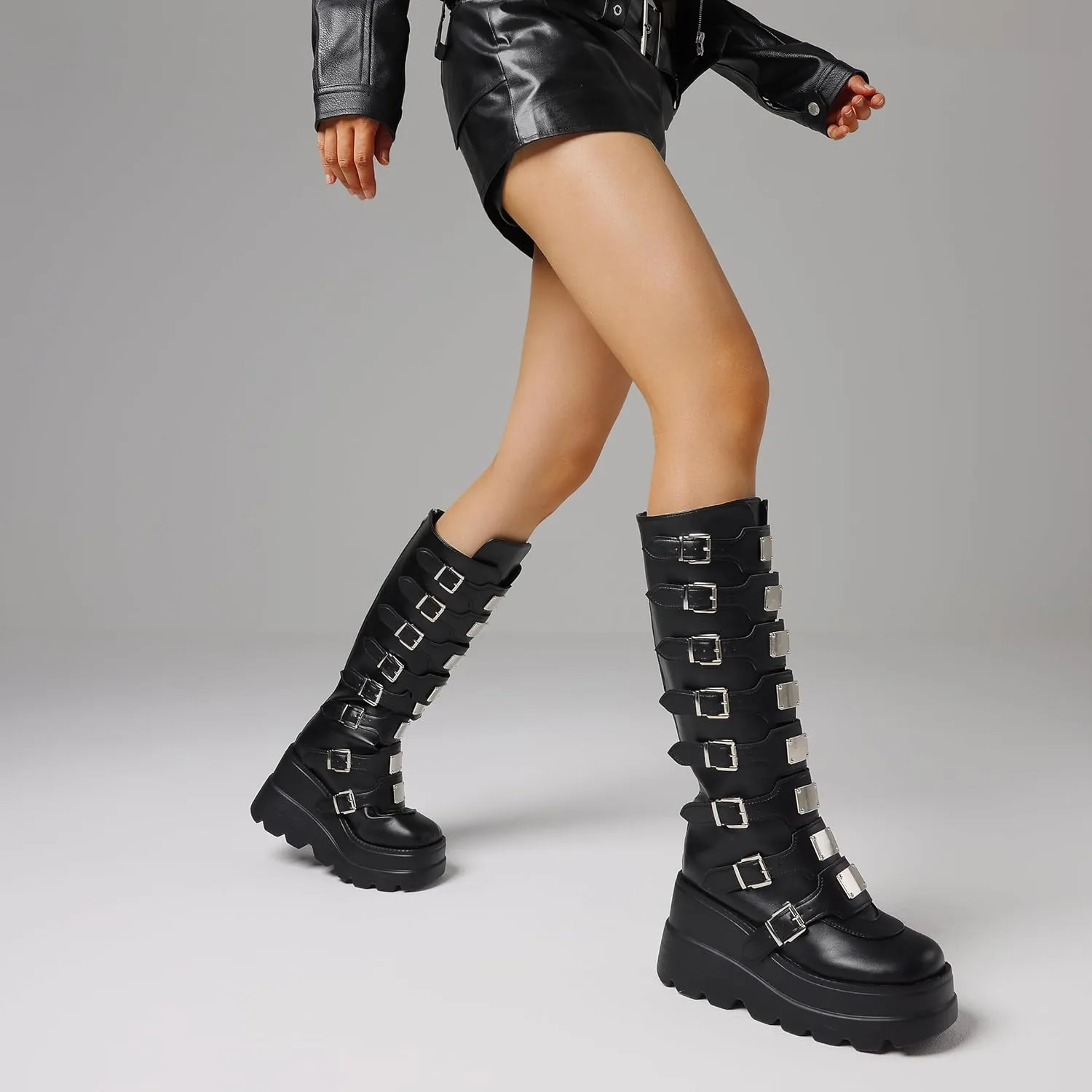 CELNEPHO Womens Wedge Platform Knee High Boots High Heel Round-Toe Zip Punk Goth Mid Calf Combat Boots For Women