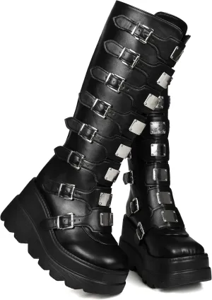 CELNEPHO Womens Wedge Platform Knee High Boots High Heel Round-Toe Zip Punk Goth Mid Calf Combat Boots For Women
