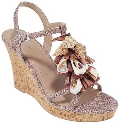 Charles David La Jolla Dark Blush Floral Raffia T-strap Platform Wedge Sandals