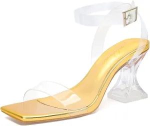 Clear Heels for Women Chunky Heel Sexy Open Square Toe Clear Ankle Strap Block Low Heeled Sandals