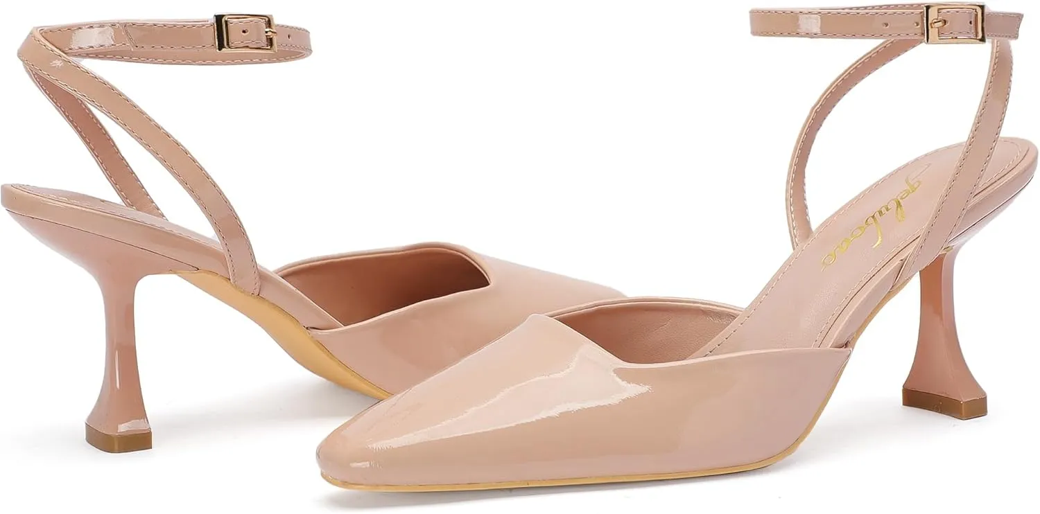 Closed Toe Heels for Women Sexy Square Toe Ankle Strap Mid Stiletto Pumps Comfortable Dress Bridal Wedding Kitten Shoes