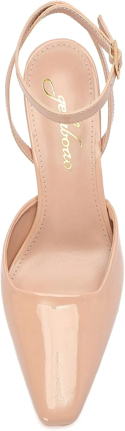 Closed Toe Heels for Women Sexy Square Toe Ankle Strap Mid Stiletto Pumps Comfortable Dress Bridal Wedding Kitten Shoes
