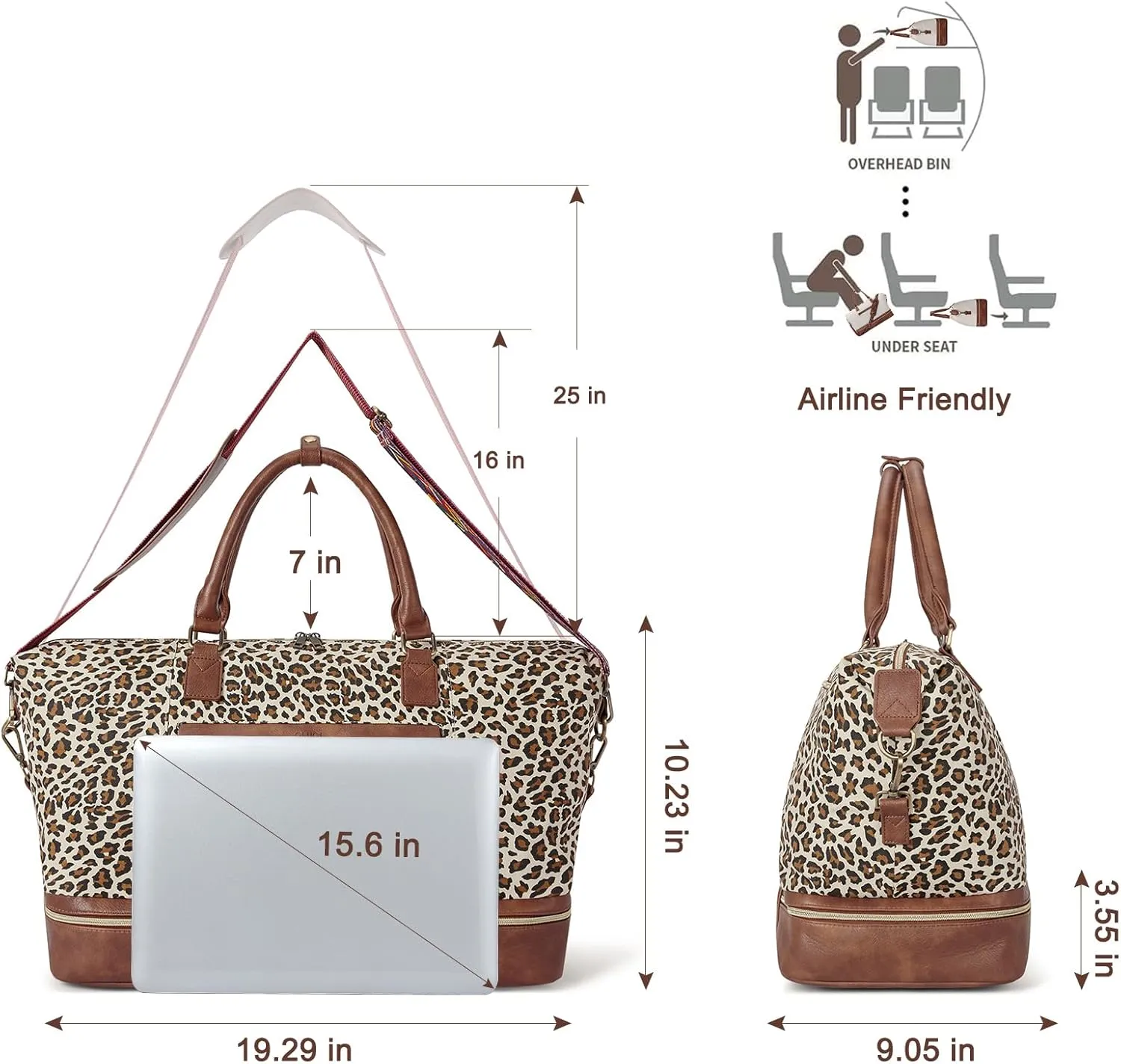 CLUCI Weekend Bags for Women Garment Bags for Travel Canvas Carry on Bag Spirit Airlines Personal Item Bags with Shoe Compartment Leopard Pattern with Brown