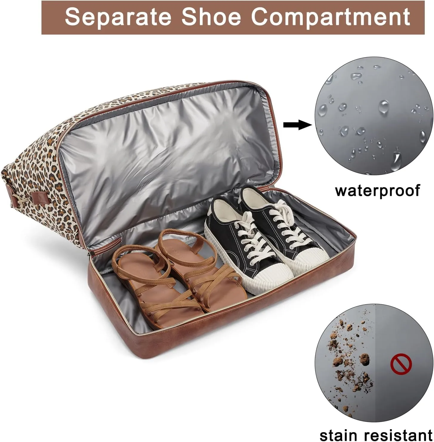 CLUCI Weekend Bags for Women Garment Bags for Travel Canvas Carry on Bag Spirit Airlines Personal Item Bags with Shoe Compartment Leopard Pattern with Brown