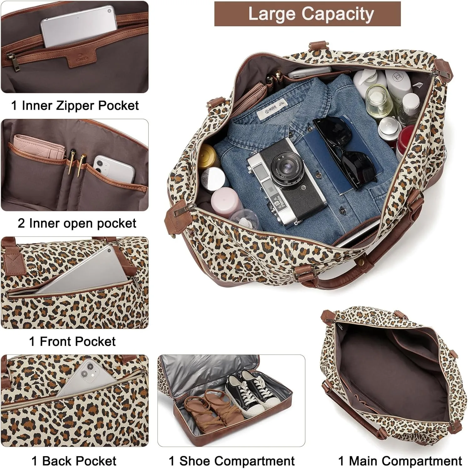 CLUCI Weekend Bags for Women Garment Bags for Travel Canvas Carry on Bag Spirit Airlines Personal Item Bags with Shoe Compartment Leopard Pattern with Brown