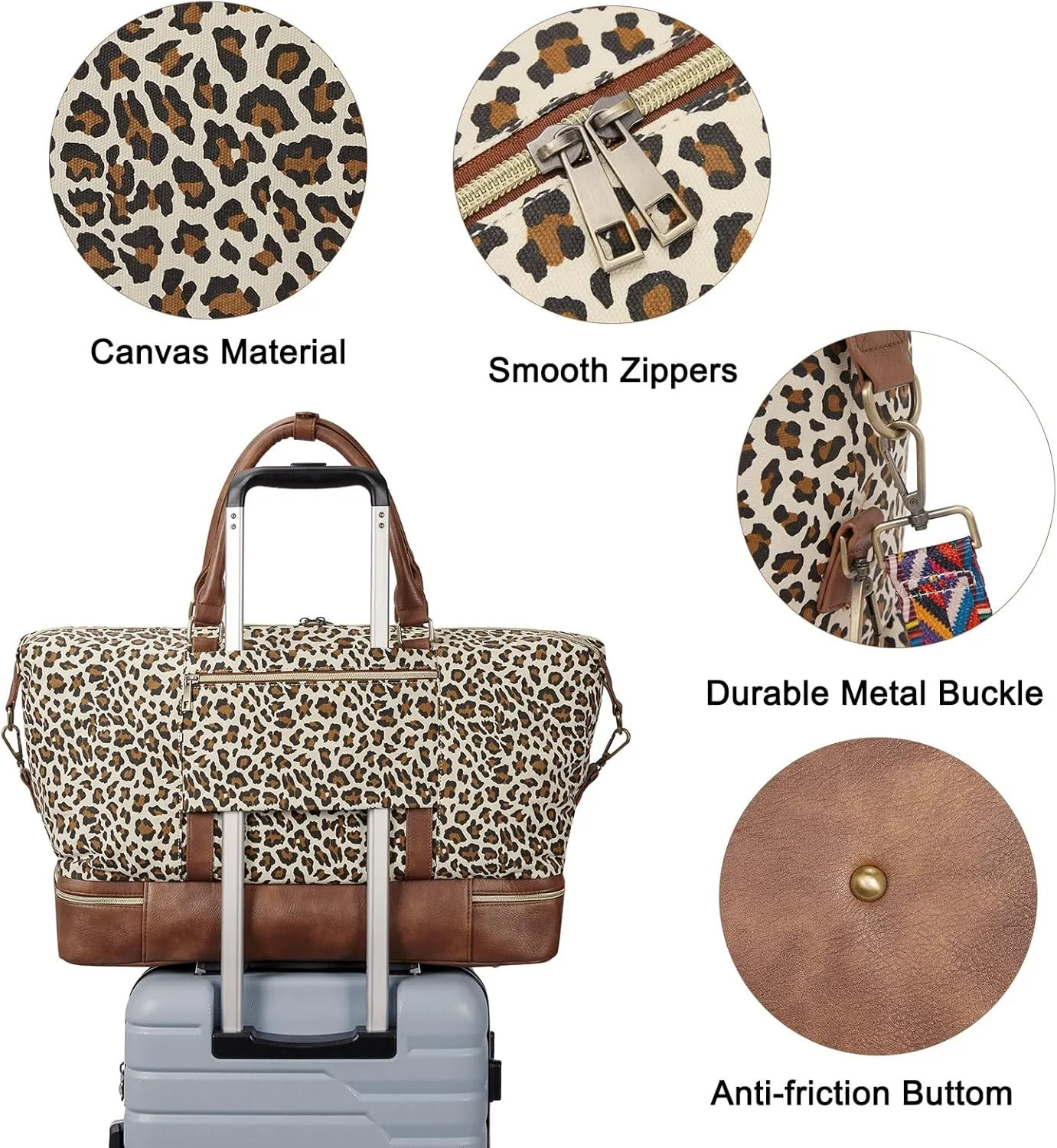 CLUCI Weekend Bags for Women Garment Bags for Travel Canvas Carry on Bag Spirit Airlines Personal Item Bags with Shoe Compartment Leopard Pattern with Brown