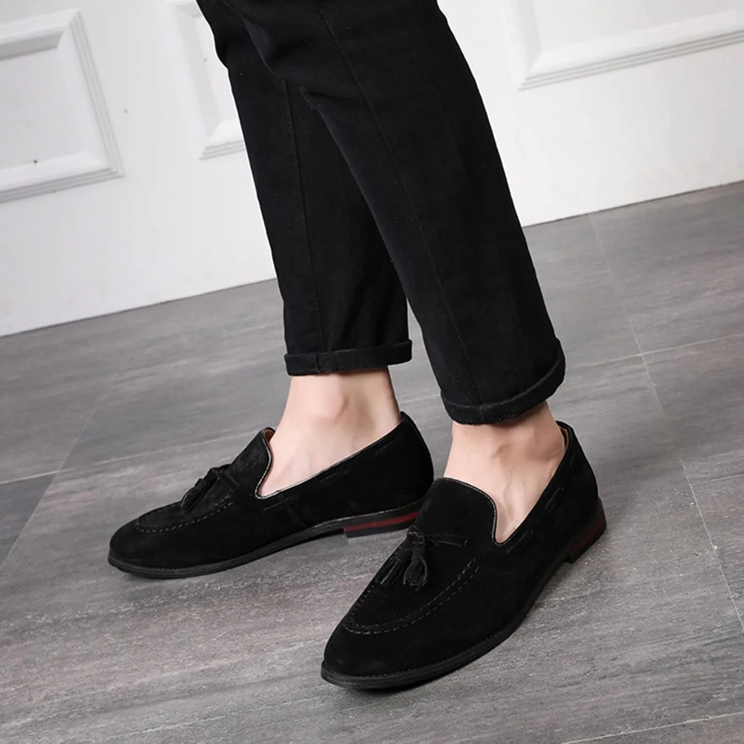CMM Men's Suede Slippers Loafers Dress Shoes with Tassel Flats Slip-on Prom Loafer