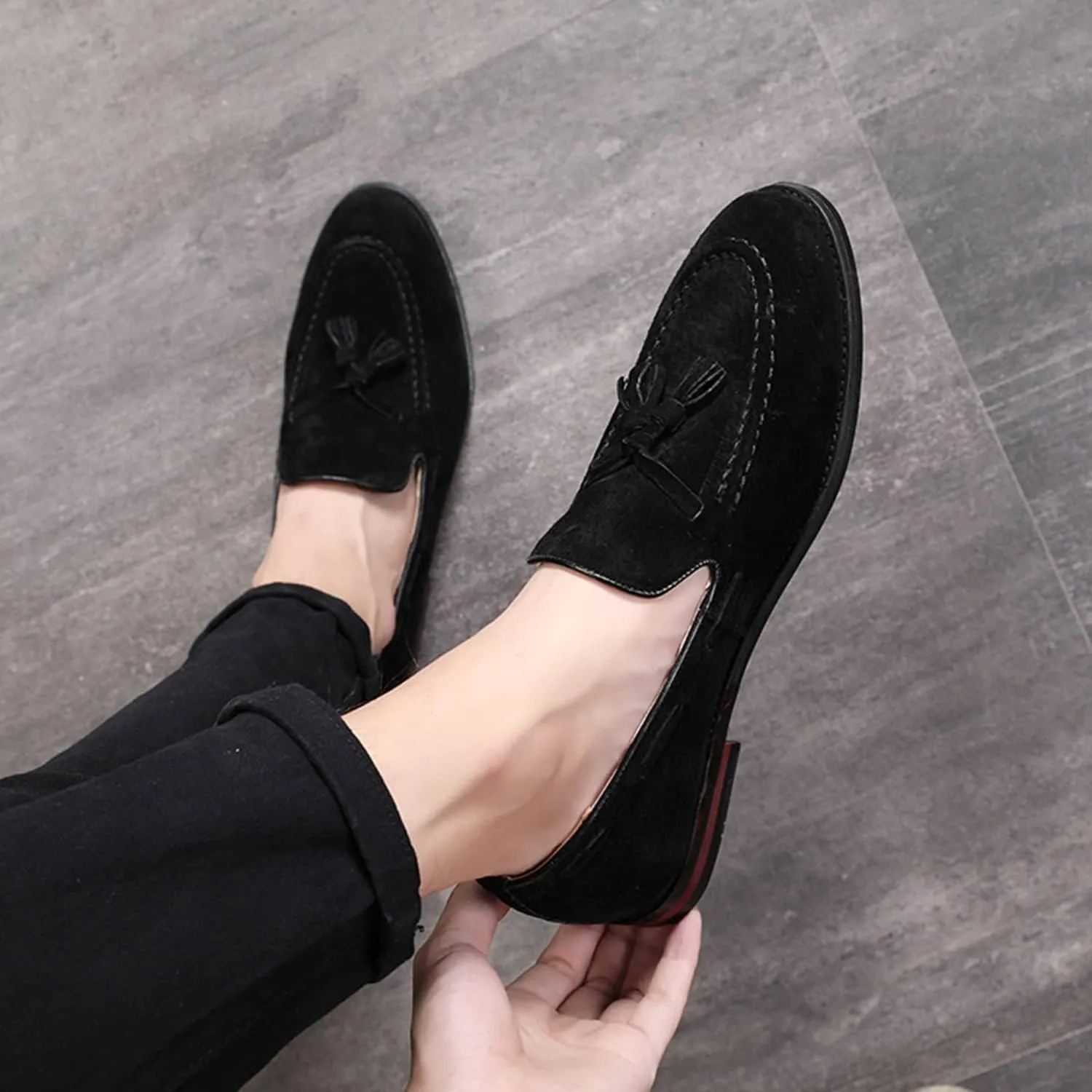 CMM Men's Suede Slippers Loafers Dress Shoes with Tassel Flats Slip-on Prom Loafer