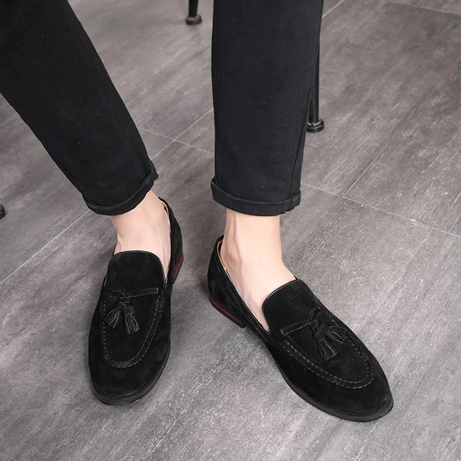 CMM Men's Suede Slippers Loafers Dress Shoes with Tassel Flats Slip-on Prom Loafer
