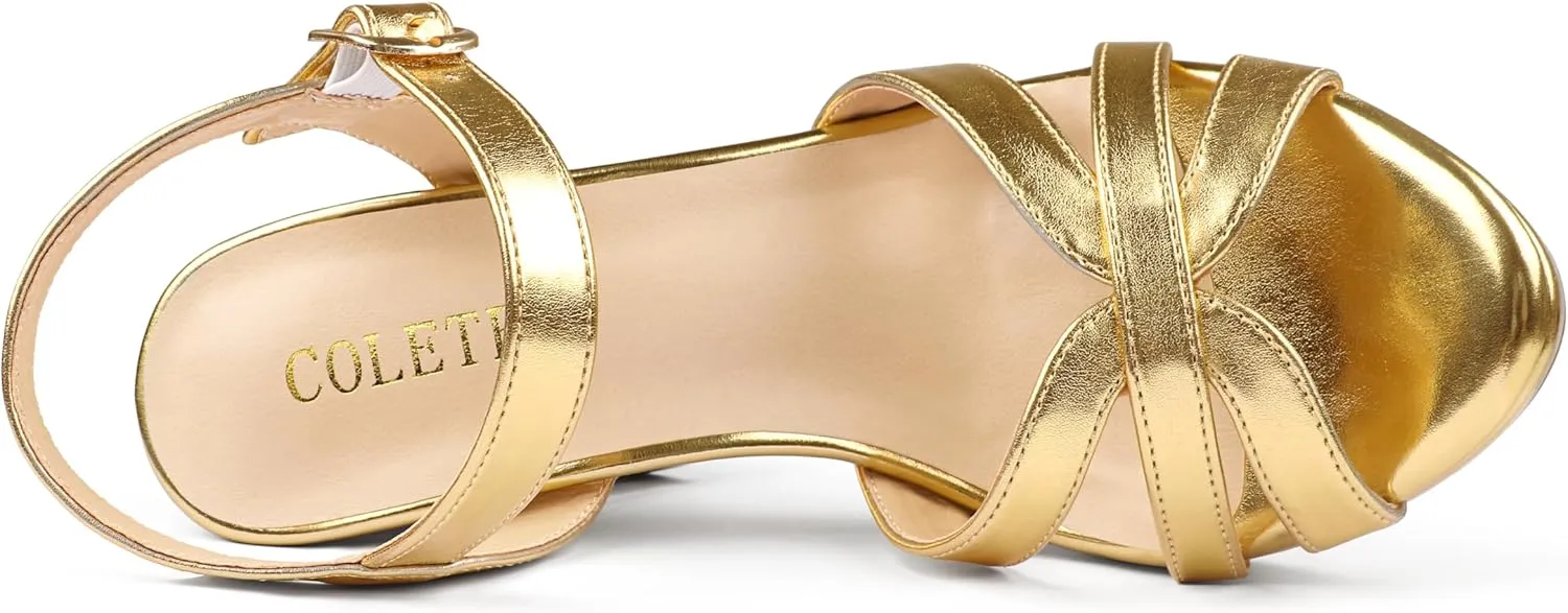 COLETER Women's Platform Chunky Heels Ankle Strap Block Heeled Sandals Party Wedding Shoes