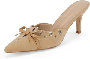 Coutgo Women's Bow Tie Mule Heels Pointed Toe Studded Backless Stilettos Slip On Dress Pump Shoes