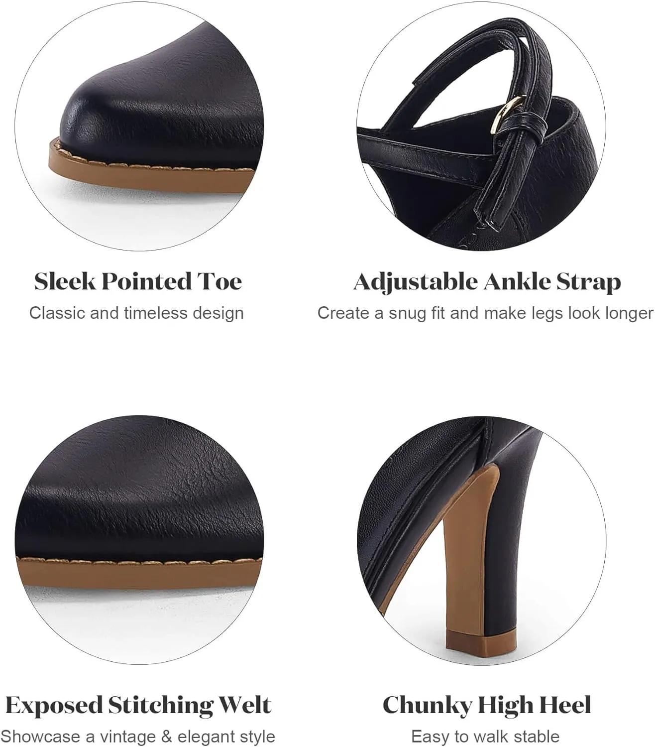 Coutgo Womens Chunky High Heels Closed Pointed Toe Ankle Strap Pumps Vintage D'Orsay Dress Party Shoes