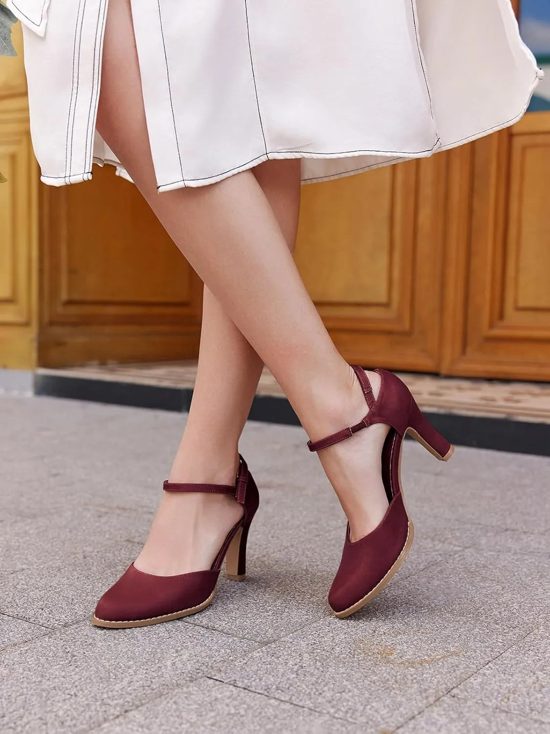 Coutgo Womens Chunky High Heels Closed Pointed Toe Ankle Strap Pumps Vintage D'Orsay Dress Party Shoes