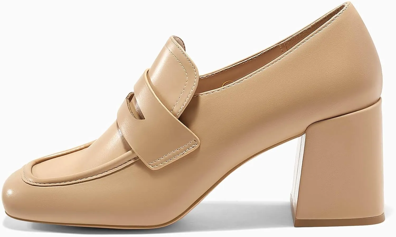 Coutgo Womens Loafer Heels Block Chunky Heeled Penny Loafers Slip On Square Toe Business Work Dress Shoes