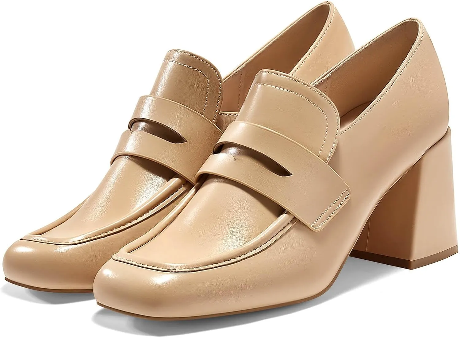 Coutgo Womens Loafer Heels Block Chunky Heeled Penny Loafers Slip On Square Toe Business Work Dress Shoes