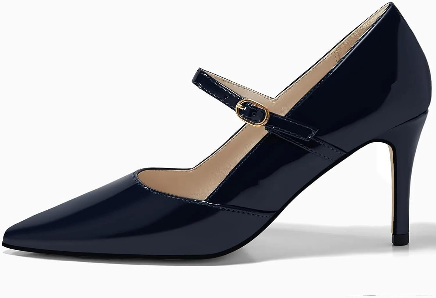 Coutgo Womens Mary Jane Pumps Stiletto High Heels Closed Pointed Toe Buckle Strap Patent Leather Dress Wedding Party Shoes