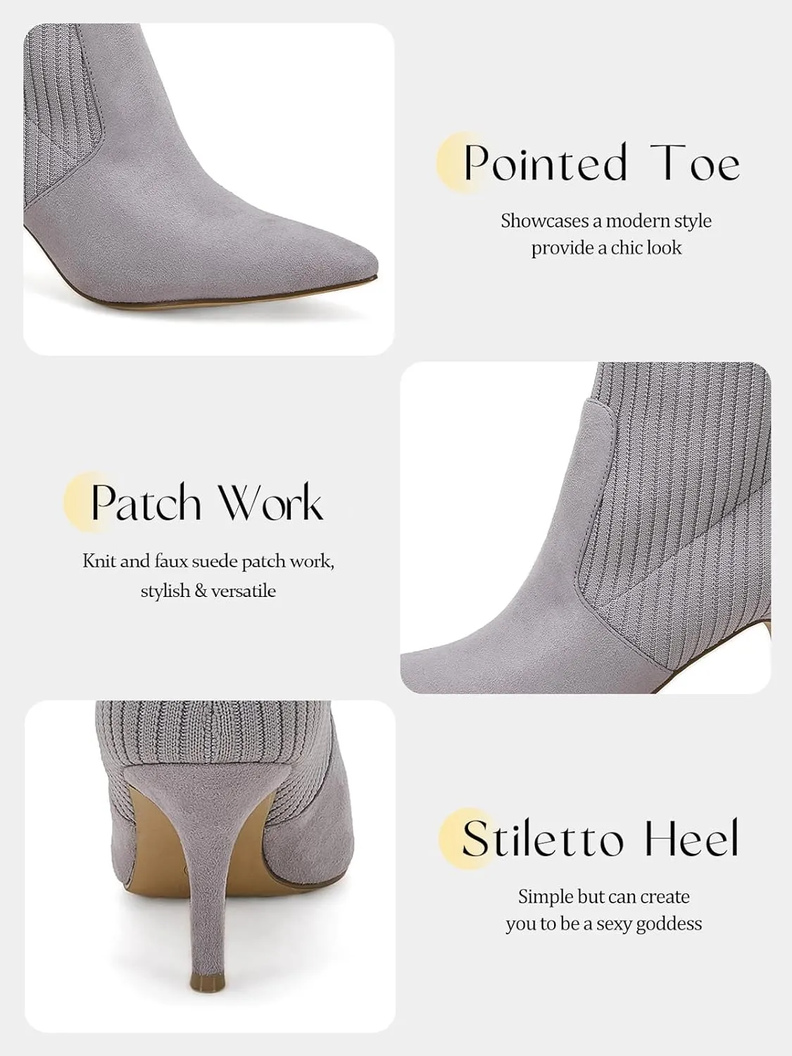 Coutgo Women's Pointed Toe Ankle Boots Stiletto Kitten Heel Knit Faux Suede Winter Sock Booties