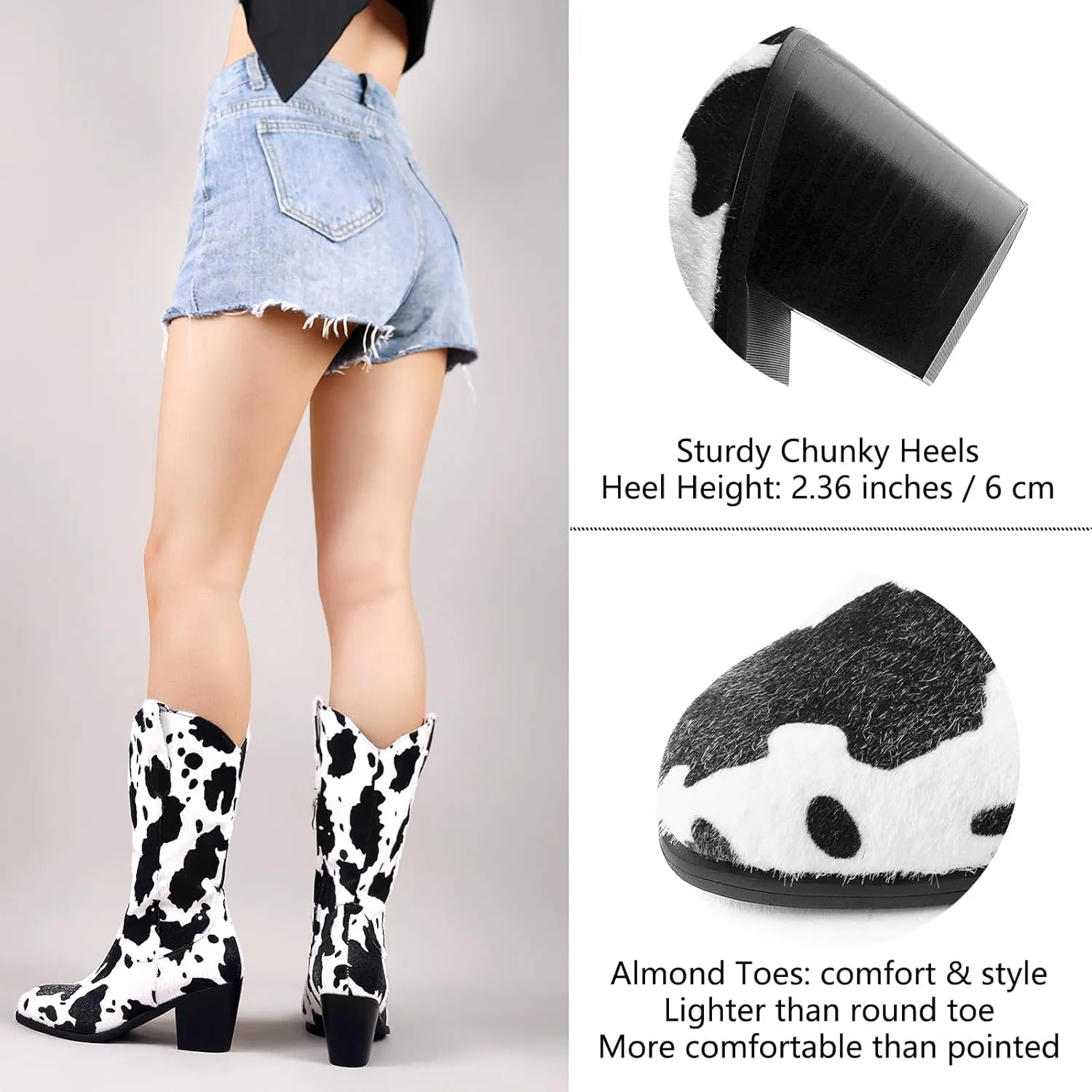 Cozivwaiy Women Mid Calf Cowboy Boots Chunky Heel Half Boots Cow Print Western Boots Plus size (US 4-12.5)