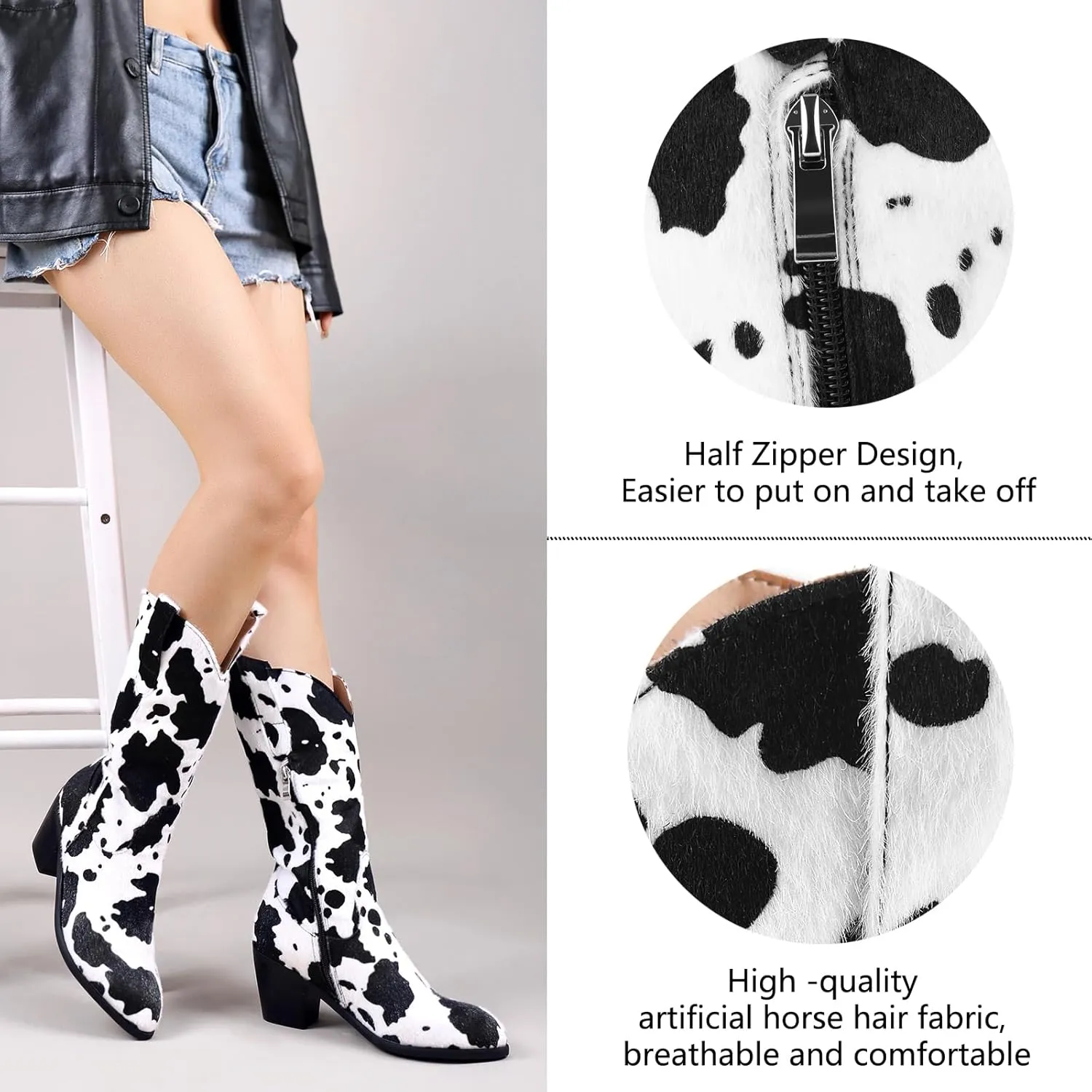 Cozivwaiy Women Mid Calf Cowboy Boots Chunky Heel Half Boots Cow Print Western Boots Plus size (US 4-12.5)