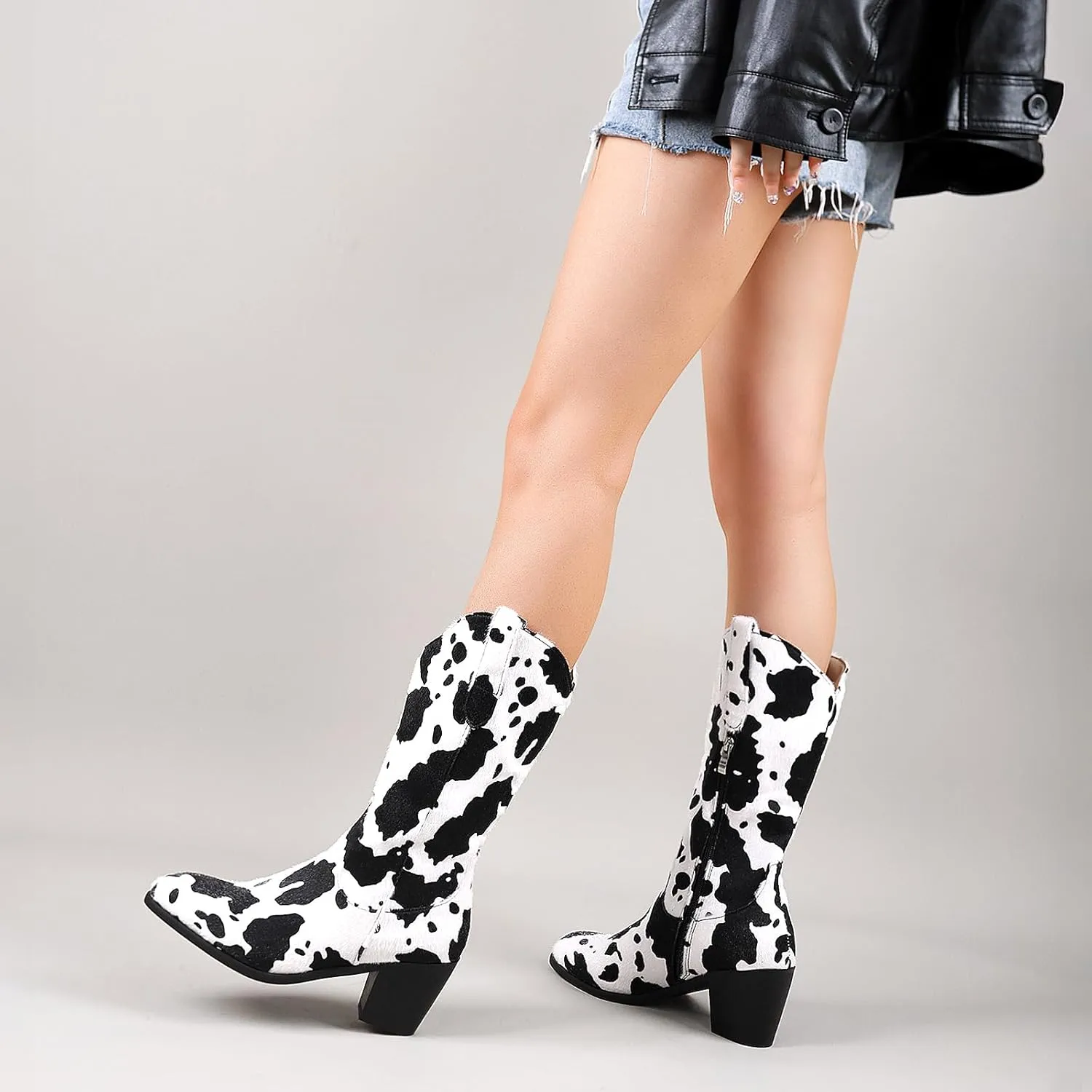 Cozivwaiy Women Mid Calf Cowboy Boots Chunky Heel Half Boots Cow Print Western Boots Plus size (US 4-12.5)