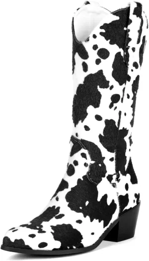 Cozivwaiy Women Mid Calf Cowboy Boots Chunky Heel Half Boots Cow Print Western Boots Plus size (US 4-12.5)