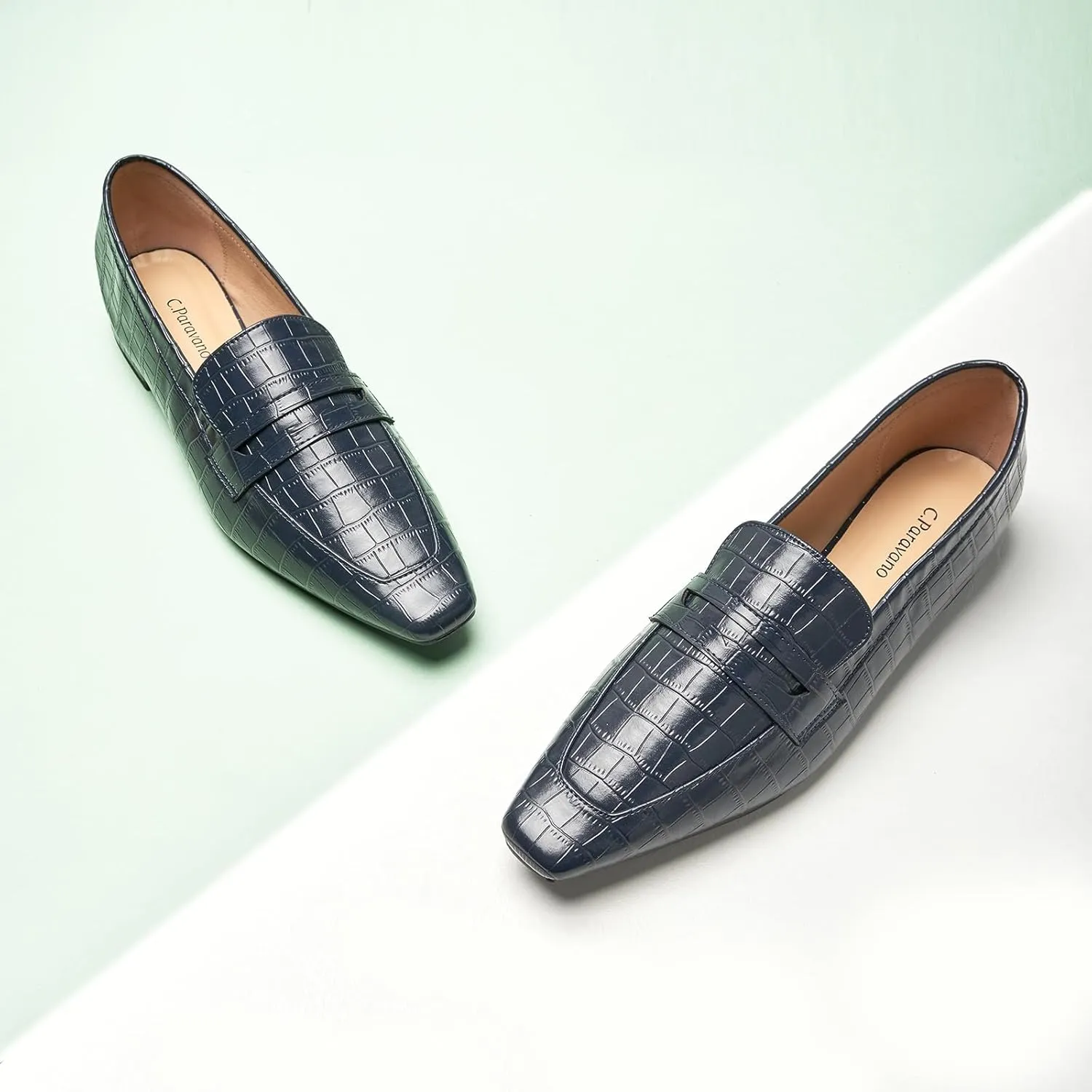 C.Paravano Penny Loafers for Women Formal Dress Square Toe Flats Slip on Loafer Shoes Comfort Loafer for Business Casual Wear