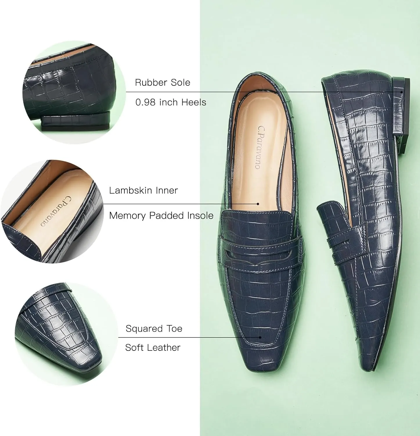 C.Paravano Penny Loafers for Women Formal Dress Square Toe Flats Slip on Loafer Shoes Comfort Loafer for Business Casual Wear