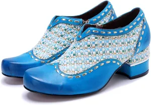CrazycatZ Leather Pumps,Womens Colorful Vintage Block Heel Shoes