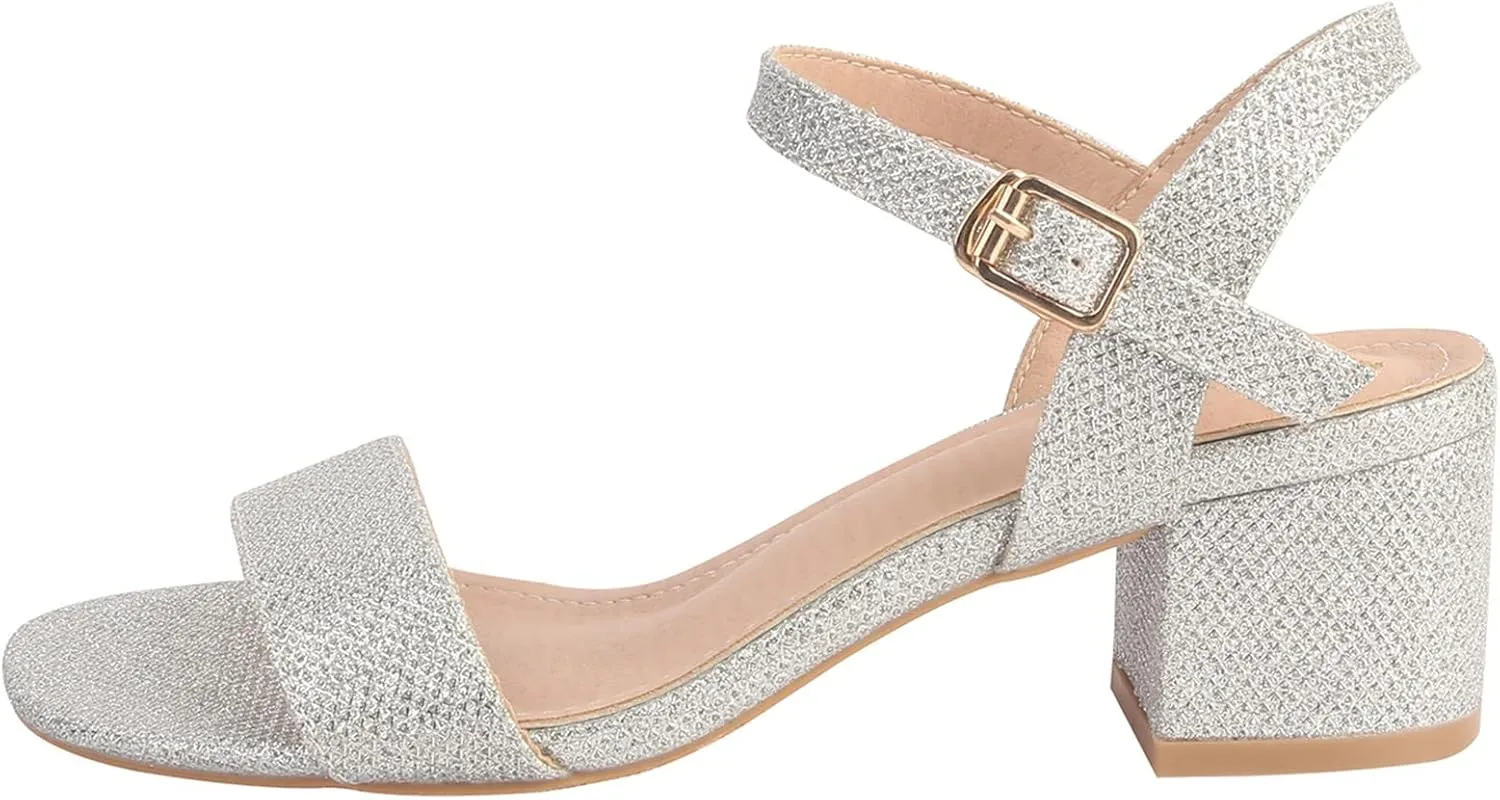 DADAWEN Women's Open Toe Ankle Strap Glitter Low Block Chunky Heels Sandals Dress Pumps Shoes