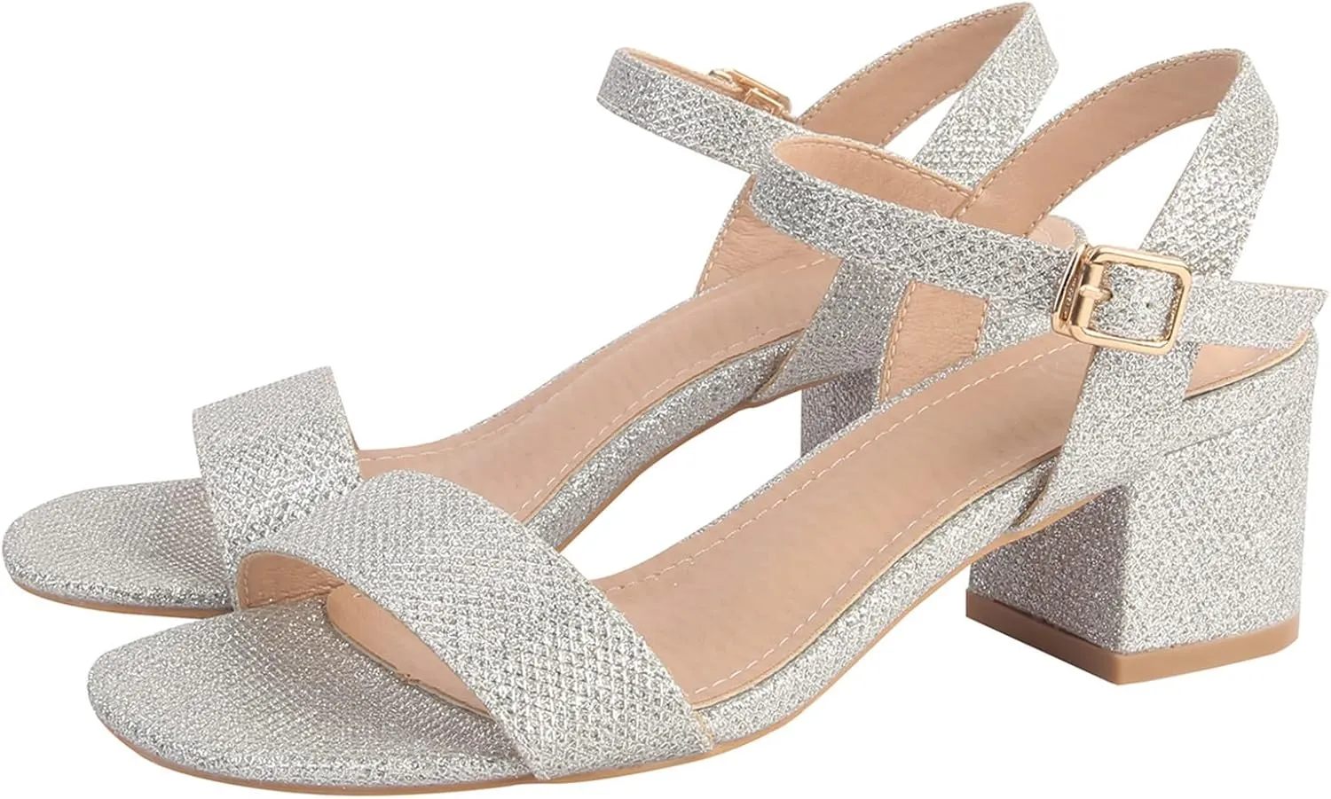 DADAWEN Women's Open Toe Ankle Strap Glitter Low Block Chunky Heels Sandals Dress Pumps Shoes