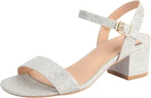DADAWEN Women's Open Toe Ankle Strap Glitter Low Block Chunky Heels Sandals Dress Pumps Shoes