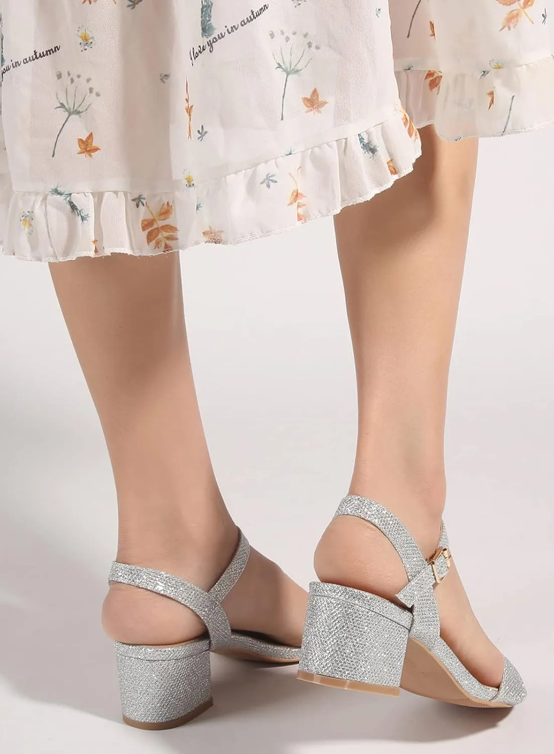 DADAWEN Women's Open Toe Ankle Strap Glitter Low Block Chunky Heels Sandals Dress Pumps Shoes